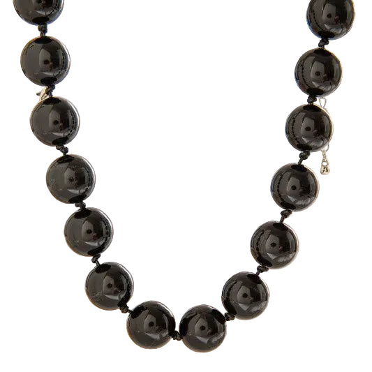 18" round black beaded necklace strung on knotted black cord