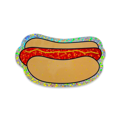 die-cut holographic sticker of hot dog