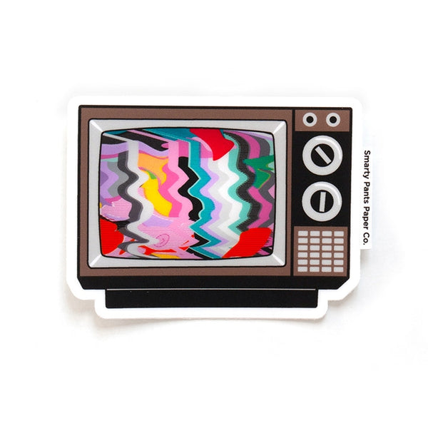 Die-cut vinyl sticker of a black and brown old fashioned tv with antenna and a scrambled image with visible nipple on its screen shown with logo tab