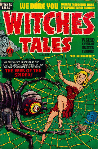 Vintage comic book cover titled 'Witches Tales' with a woman on a spider web and spider illustration.