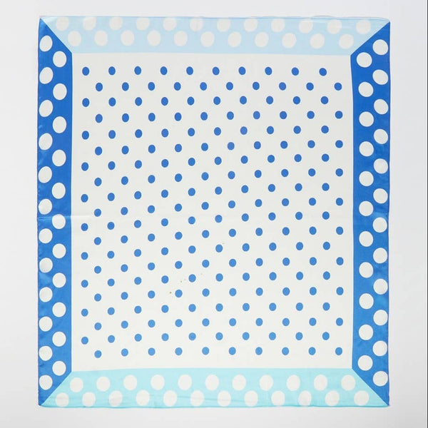 Square scarf with border of two alternating shades of blue with white polka dot pattern and middle white background blue polka dot pattern. Shown flat