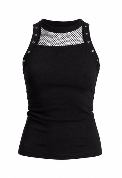black knit sleeveless top with crew neckline, silver eyelet detail at each armhole, and black fishnet detail below the neck opening. Shown from front on white background