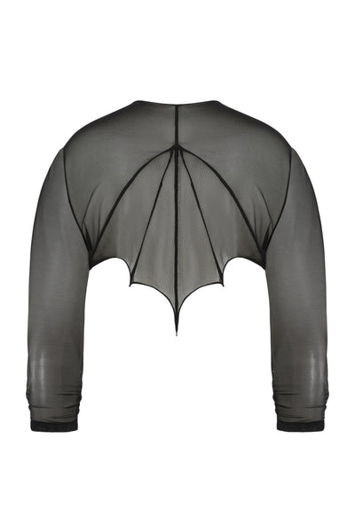Black mesh bolero with ruched 3/4 sleeves and scalloped seam detail at both the front and back in the style of bat wings. Shown from the back