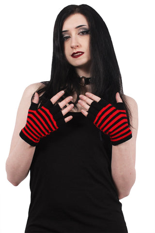 black & red stripe knit fingerless wrist length gloves with ribbed cuff, shown worn by a model