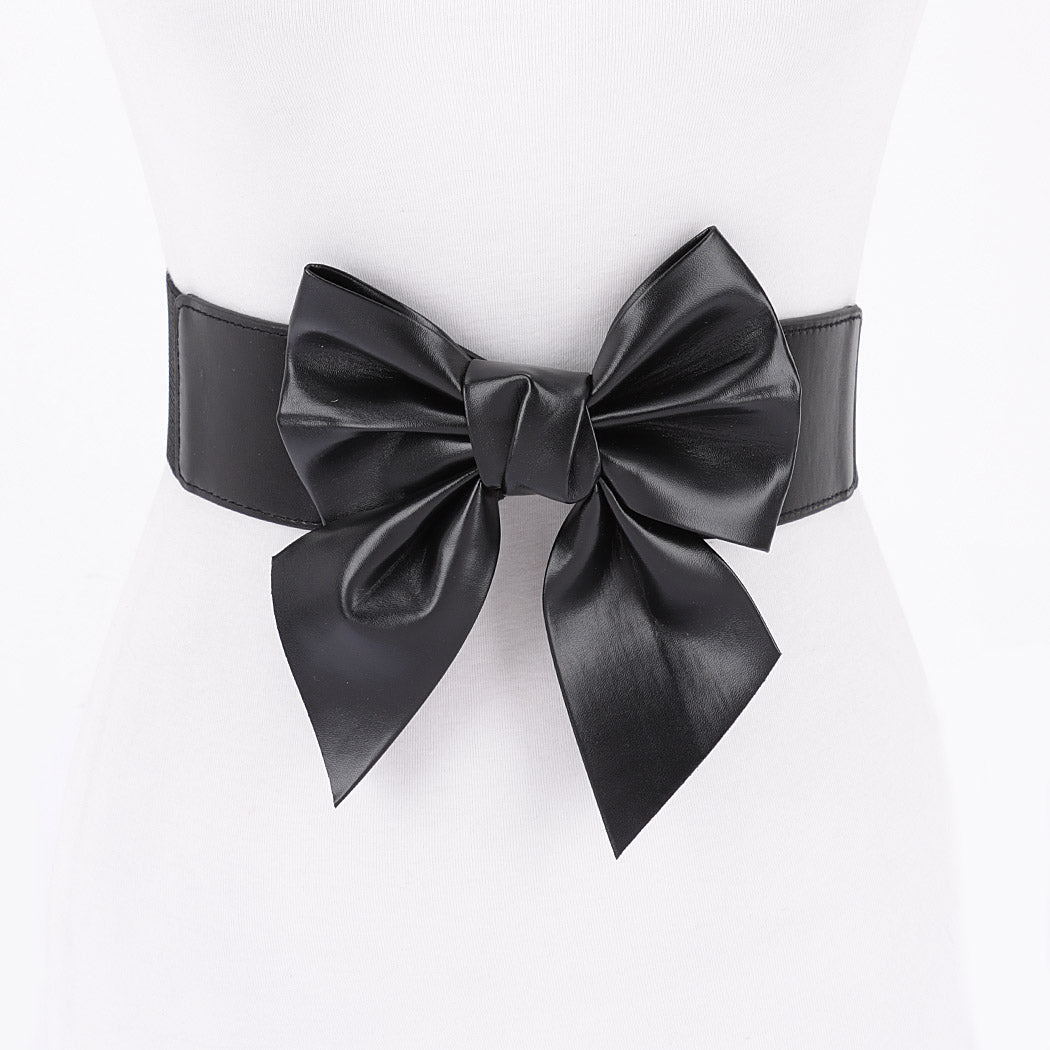 Black Faux Leather Bow‎ Belt M Weenkeey Women Obi Belt Bow Tie Wrap Wide Waistband Faux  main image 4