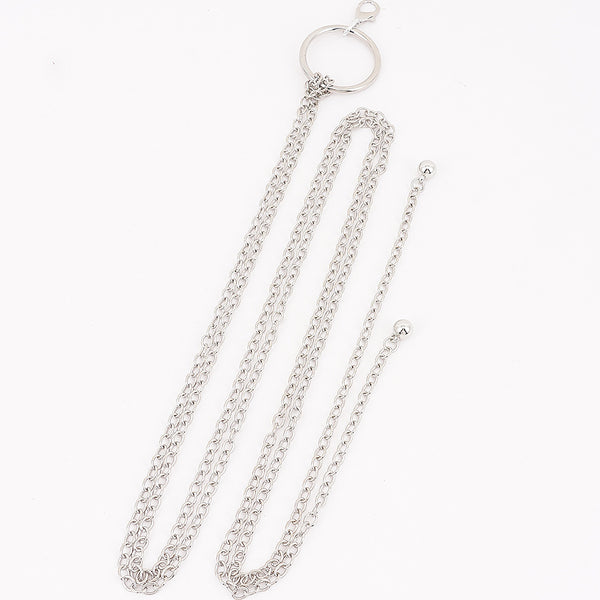 double link chain belt in silver with round charms at the end of each chain connected to large matching silver O ring. Shown flat