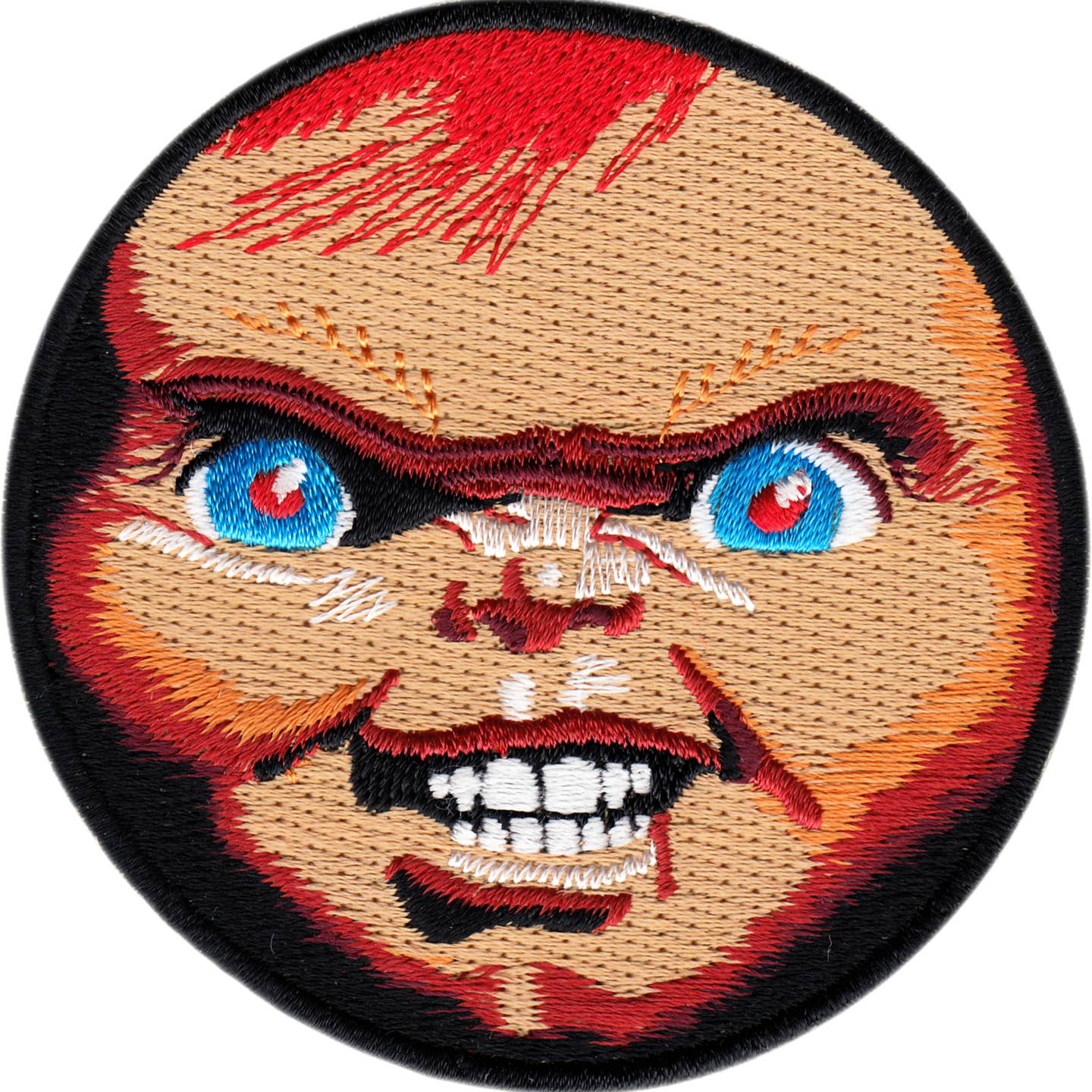 3" round embroidered patch of Chucky doll face grimacing