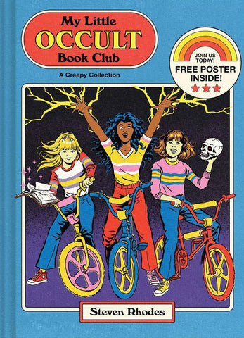 Book cover of 'My Little Occult Book Club' with three people on bicycles and promotional text.