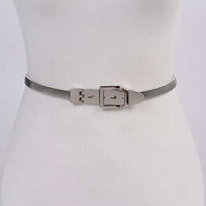 serpentine style stretch metal belt in silver with matching square buckle attached