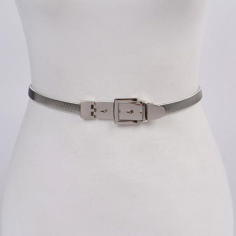 serpentine style stretch metal belt in silver with matching square buckle attached