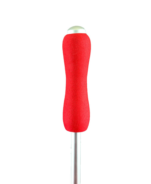 Red heart-shaped umbrella with silver metal handle and red soft foam grip. Handle shown in closeup