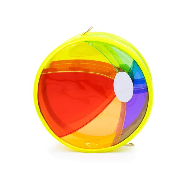bright yellow vinyl purse shaped like beach ball with red, blue, purple, green, orange, and yellow segments with zip closure top, gold metal zipper pulls and removable matching strap. Shown from front