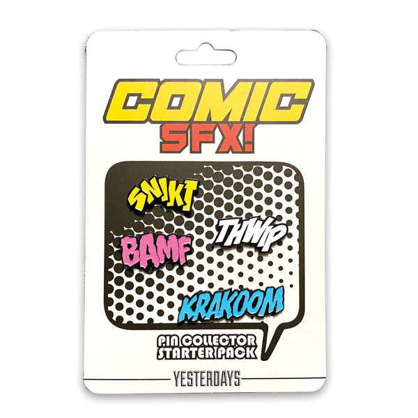 set of four comic sfx onomatopoeia enamel pins "SNIKT" "THWIP" "BAMF" "KRAKOOM" in yellow, white, pink and blue on backing card