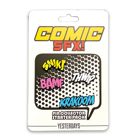 set of four comic sfx onomatopoeia enamel pins "SNIKT" "THWIP" "BAMF" "KRAKOOM" in yellow, white, pink and blue on backing card