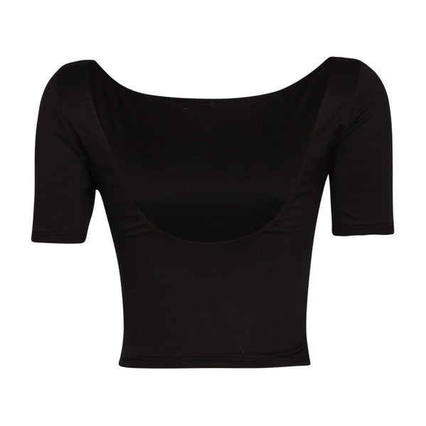 black brushed fiber knit crop top with boat neck, short sleeves, and scoop back. Shown from back