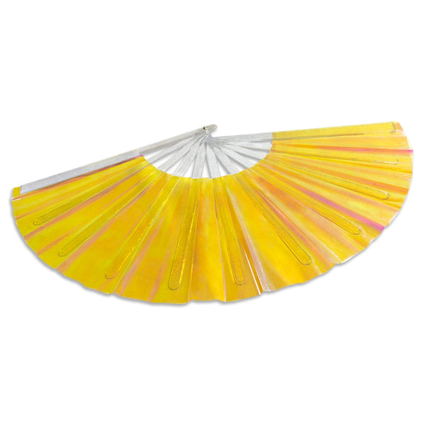 oversized translucent iridescent pink and yellow flash finish vinyl hand fan with sparkly transparent plastic ribs shown open from side