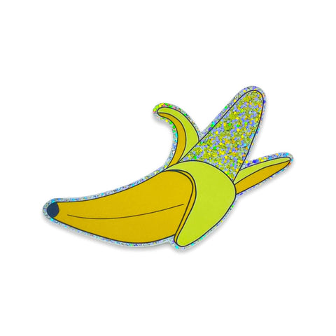 die-cut holographic sticker of a half peeled banana
