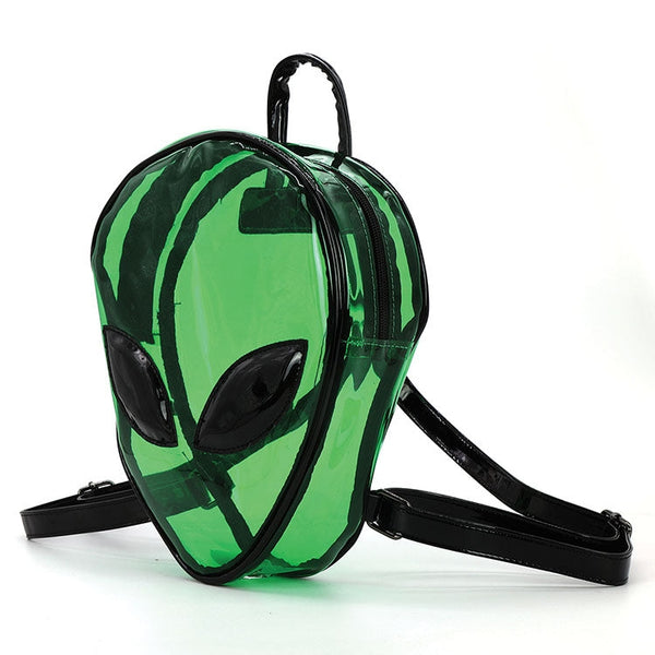 transparent bright gree vinyl mini backpack in the shape of an alien head with large black vinyl eyes and black adjustable straps and handle. Shown from the side