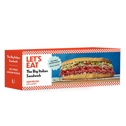 Jigsaw puzzle box featuring a large Italian sandwich with colorful ingredients on a white background.
