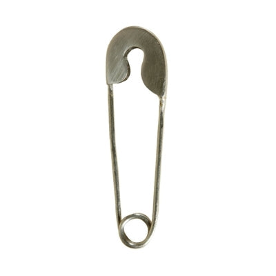 large silver metal safety pin shown closed