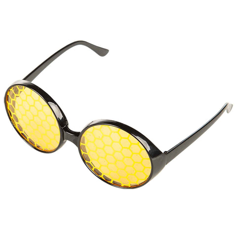 Sunglasses with yellow on yellow printed honeycomb lenses on a white background