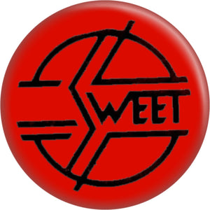 1 1/4” round pinback The Sweet logo on red background button