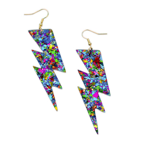 laser-cut multicolor chunky confetti acrylic lightning bolt shaped dangle earrings