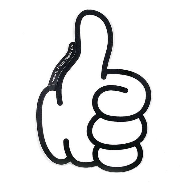 Die-cut vinyl sticker of a white cartoon gloved hand with thick black outline giving a thumbs up shown with removable logo tab