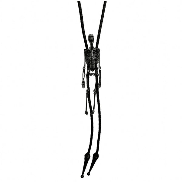 Black braided faux leather bolo tie with black metal tips and slide made of detailed gunmetal finish metal skeleton with articulated joints and head. Shown from the front