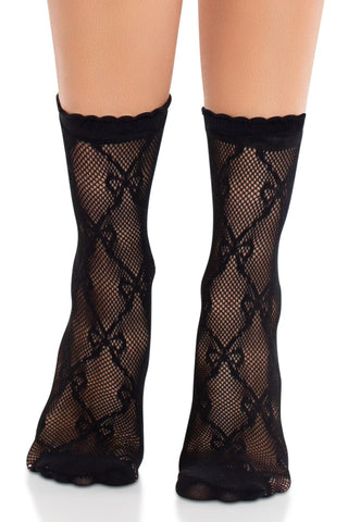 black fishnet ankle socks with allover knit-in bow design in a diamond pattern, worn by a model