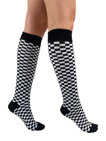 Black & White Checker Print Knee Socks