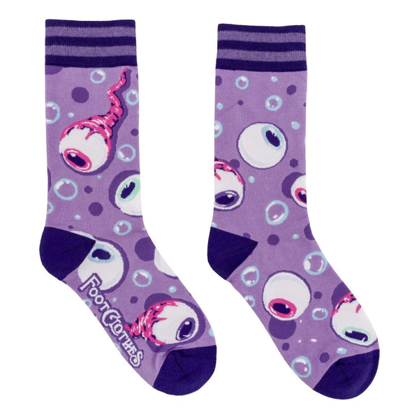 cotton unisex crew socks with allover pattern of light purple background and eyeballs with pink, purple, or blue irises. Some eyes have pink optic nerves. Surrounded by blue bubbles. Dark purple striped cuffs and solid purple toes and heels. Shown flat