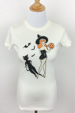 off-white t-shirt with pinup Halloween themed design on a mannequin against a white background