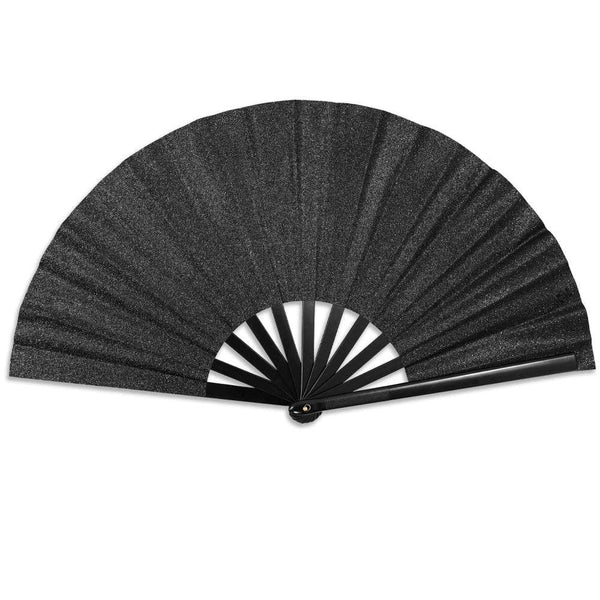 oversized black glittery hand fan with black plastic ribs shown open