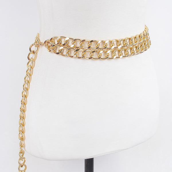 double row gold metal curb chain style belt shown on dress form from side