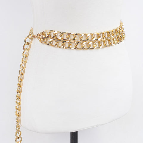 double row gold metal curb chain style belt shown on dress form from side
