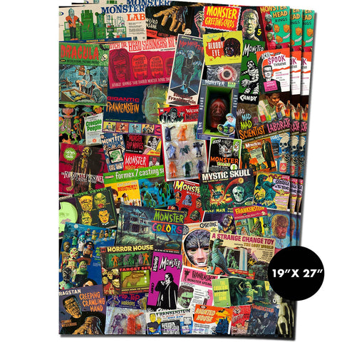 Rectangular wrapping paper sheets with alllover collage pattern of vintage 50s and 60s ads and packaging for monster themed novelties such as candy, trading cards, masks, and board games
