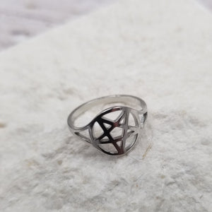 shiny silver metal pentacle ring