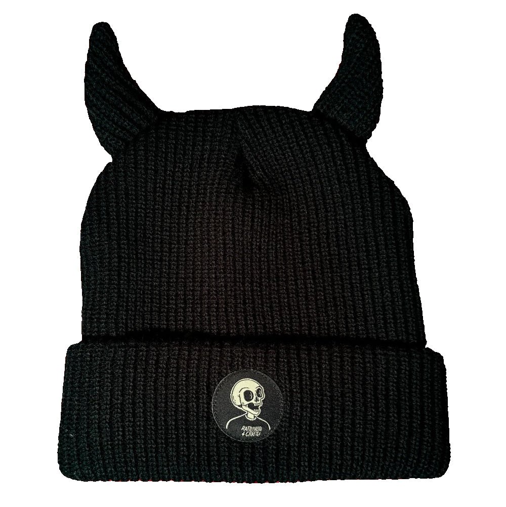 Black ribbed knit beanie with matching black devil horns