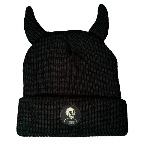 Black ribbed knit beanie with matching black devil horns