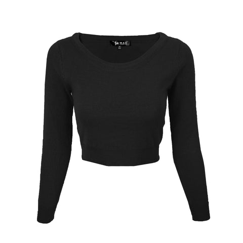 long sleeve black sweater featuring a wide round neckline and cropped length