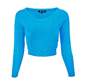 long sleeve bright turquoise blue sweater featuring a wide round neckline and cropped length