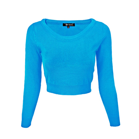 long sleeve bright turquoise blue sweater featuring a wide round neckline and cropped length