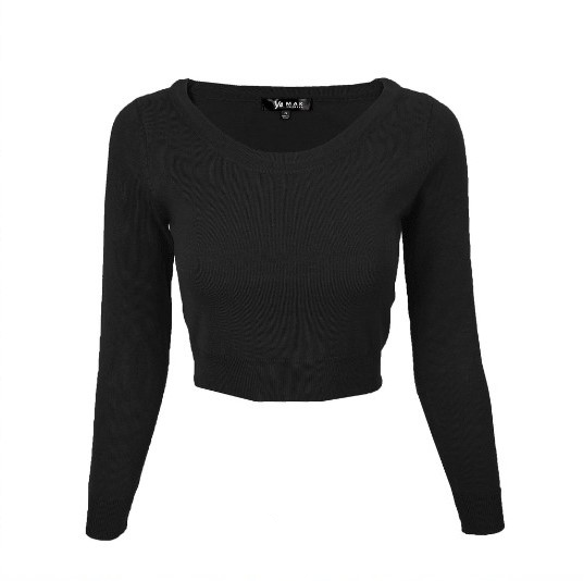 long sleeve black sweater featuring a wide round neckline and cropped length