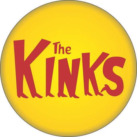 1 1/4” round pinback button of logo of The Kinks in red on yellow background 