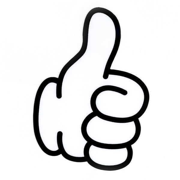 Die-cut vinyl sticker of a white cartoon gloved hand with thick black outline giving a thumbs up