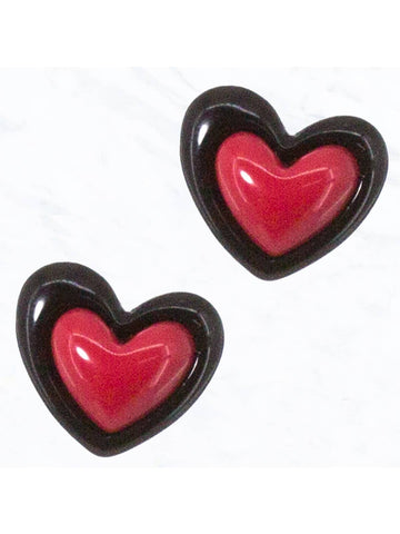 3D resin puffy heart post earrings in bright red with a thick black outline 
