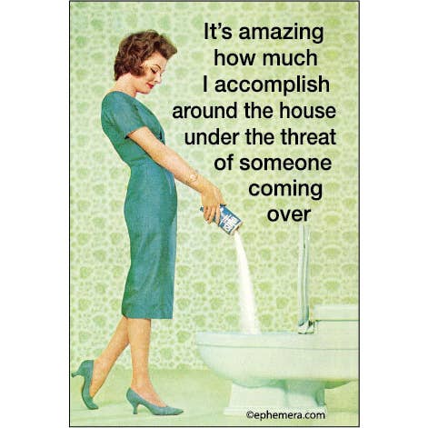 "It's amazing how much I accomplish around the house under the threat of someone coming over" message rectangular refrigerator magnet