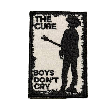 rectangular black and white embroidered patch depicting Robert Smith shown from the back in the music video for the song "Boys Don't Cry"