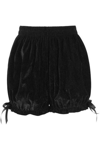 black velvet bloomer style shorts with elastic waistband, ruffled cuffs and black ribbon detail at each hip
